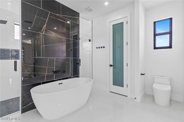 845 SW 15th Ter, Cape Coral, FL 33991 - bathroom featuring a freestanding tub, a tile shower, baseboards, toilet, and recessed lighting