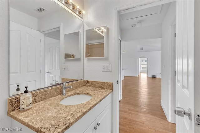 bathroom with wood finished floors and vanity