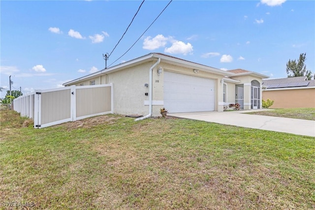 view of side of home with an attached garage, stucco siding, and driveway