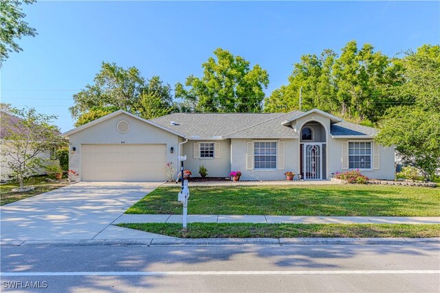ranch-style home featuring concrete driveway, an attached garage, a front lawn, and stucco siding