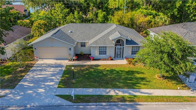 ranch-style house with a garage, stucco siding, driveway, and a front yard