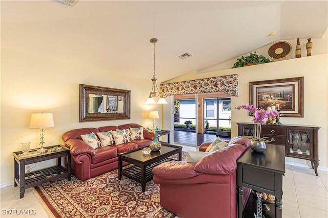 living room featuring light tile patterned floors, baseboards, vaulted ceiling, and visible vents