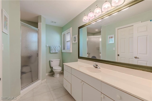 bathroom with visible vents, a shower stall, vanity, tile patterned floors, and toilet