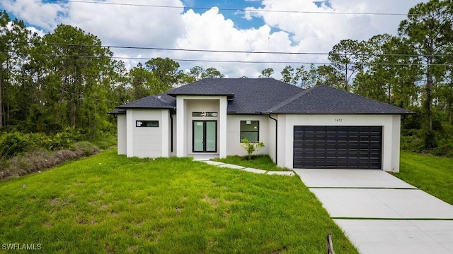 1412 5th Ave, Lehigh Acres, FL 33972 - view of front of house featuring stucco siding, an attached garage, a front yard, concrete driveway, and a shingled roof