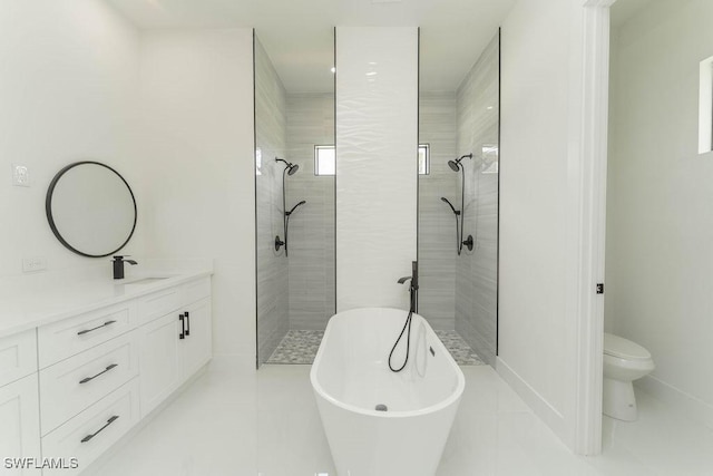 1412 5th Ave, Lehigh Acres, FL 33972 - full bath with a freestanding bath, a tile shower, vanity, toilet, and tile patterned floors