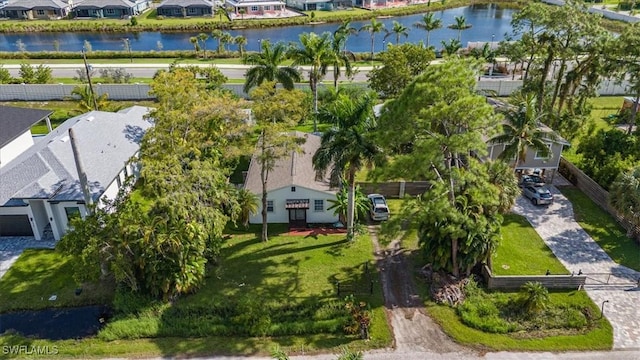aerial view featuring a residential view and a water view