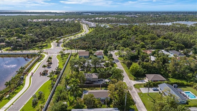 birds eye view of property with a water view and a forest view