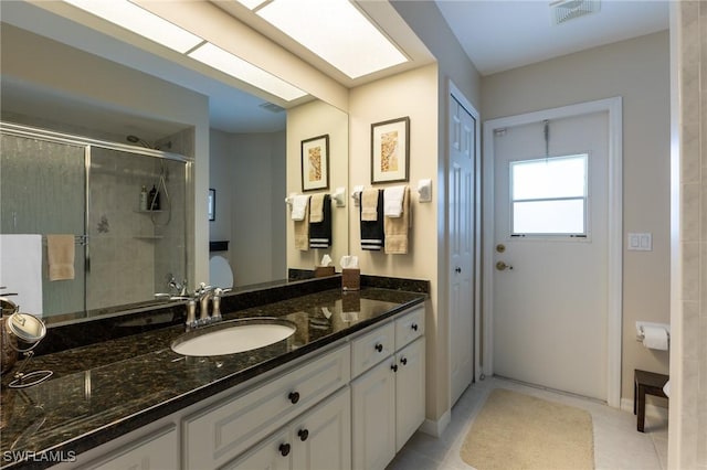 full bath with visible vents, tile patterned flooring, a stall shower, and vanity