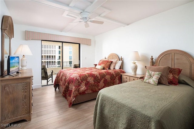 bedroom with ceiling fan, access to outside, light wood finished floors, and beam ceiling