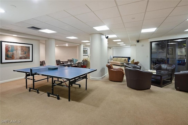 playroom featuring carpet floors, baseboards, visible vents, and a paneled ceiling