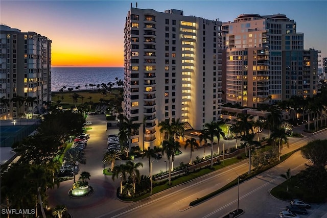 property at dusk with a water view and a city view
