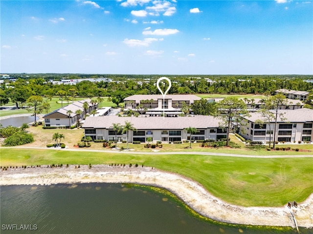 bird's eye view with a water view and golf course view