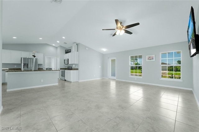 403 NW 17th Ter, Cape Coral, FL 33993 - unfurnished living room with baseboards, recessed lighting, ceiling fan, and light tile patterned floors
