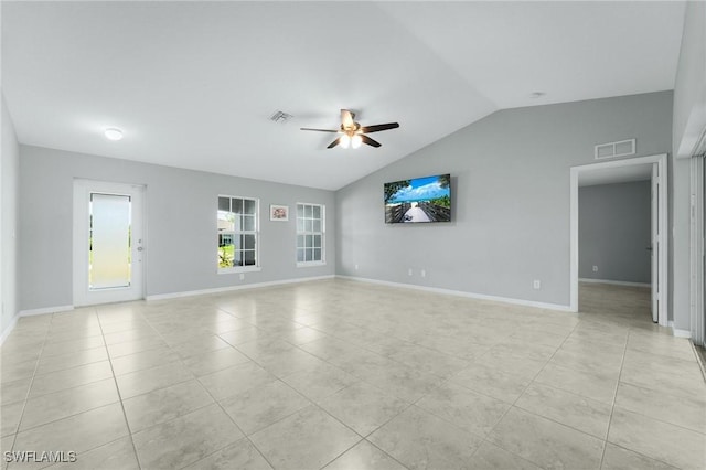 403 NW 17th Ter, Cape Coral, FL 33993 - unfurnished living room with visible vents, ceiling fan, light tile patterned floors, and lofted ceiling