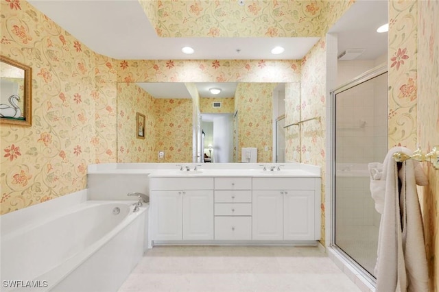 bathroom featuring recessed lighting, wallpapered walls, a shower stall, and a bath