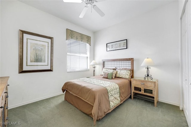 bedroom featuring carpet floors, baseboards, and ceiling fan