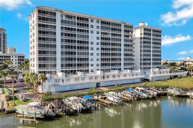 view of building exterior with a water view
