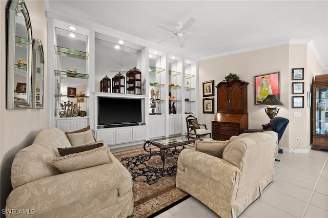 3695 Exuma Way, Naples, FL 34119 - living area featuring a ceiling fan, crown molding, built in features, baseboards, and recessed lighting