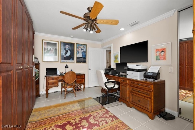 3695 Exuma Way, Naples, FL 34119 - office space featuring ceiling fan, recessed lighting, light tile patterned floors, visible vents, and ornamental molding