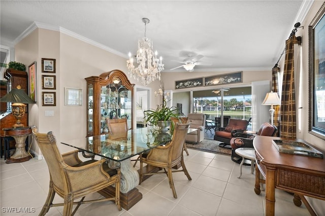 3695 Exuma Way, Naples, FL 34119 - dining space featuring crown molding, ceiling fan with notable chandelier, and light tile patterned floors