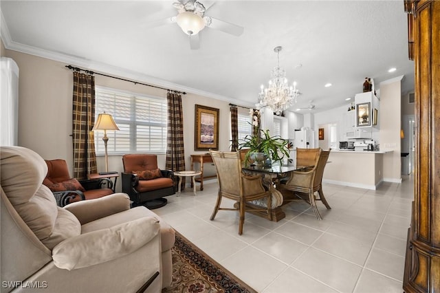 3695 Exuma Way, Naples, FL 34119 - dining room featuring crown molding, recessed lighting, light tile patterned floors, and ceiling fan with notable chandelier