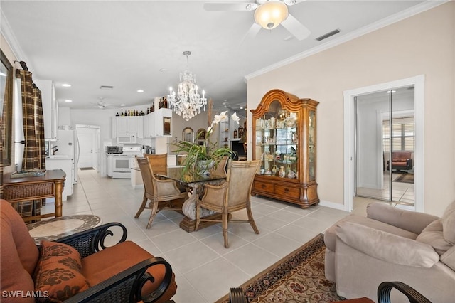 3695 Exuma Way, Naples, FL 34119 - dining space featuring light tile patterned floors, ornamental molding, ceiling fan with notable chandelier, and visible vents