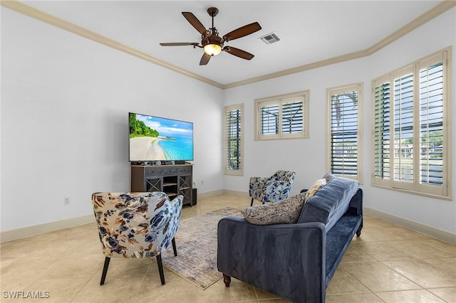 4009 Treadwater Ct, Naples, FL 34109 - tiled living area featuring visible vents, ornamental molding, baseboards, and ceiling fan