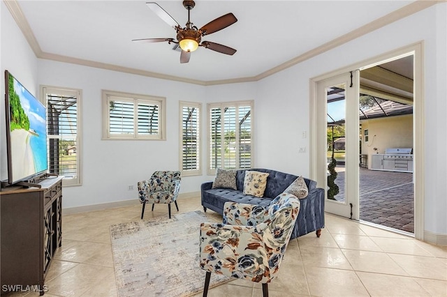 4009 Treadwater Ct, Naples, FL 34109 - sitting room featuring light tile patterned floors, crown molding, and ceiling fan
