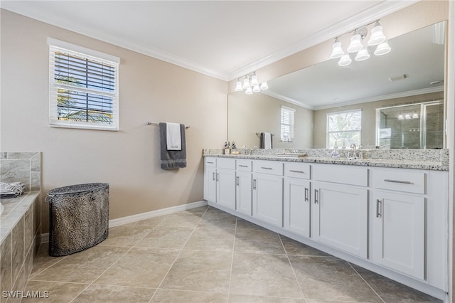 full bath with a shower with door, baseboards, a bath, crown molding, and double vanity
