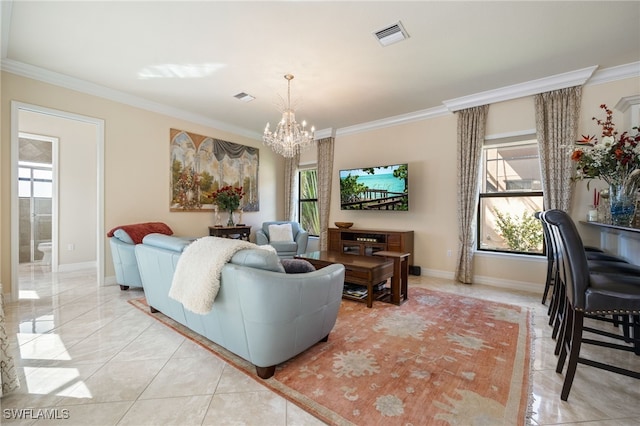 3412 Atlantic Cir, Naples, FL 34119 - living room with crown molding, baseboards, visible vents, and a notable chandelier