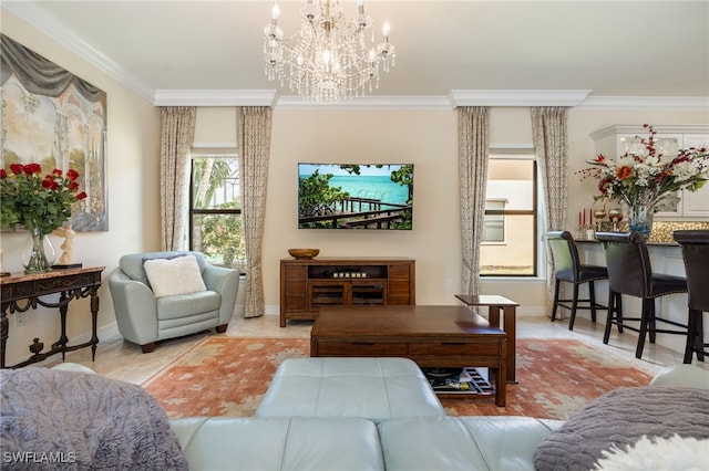 3412 Atlantic Cir, Naples, FL 34119 - tiled living room with baseboards, a notable chandelier, and ornamental molding