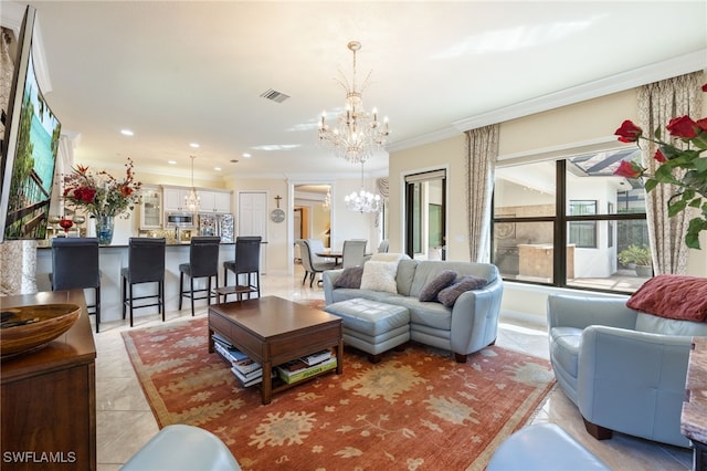 3412 Atlantic Cir, Naples, FL 34119 - living area with a notable chandelier, ornamental molding, light tile patterned floors, and visible vents