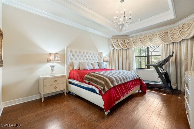 3412 Atlantic Cir, Naples, FL 34119 - bedroom featuring crown molding, a raised ceiling, wood finished floors, and a chandelier