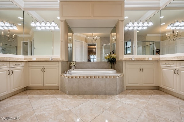 3412 Atlantic Cir, Naples, FL 34119 - full bathroom with crown molding, a sink, a chandelier, a shower stall, and a garden tub