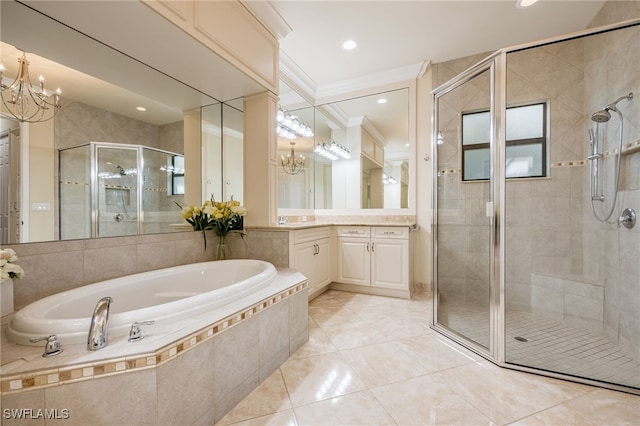 3412 Atlantic Cir, Naples, FL 34119 - full bath with a bath, a shower stall, vanity, a chandelier, and ornamental molding