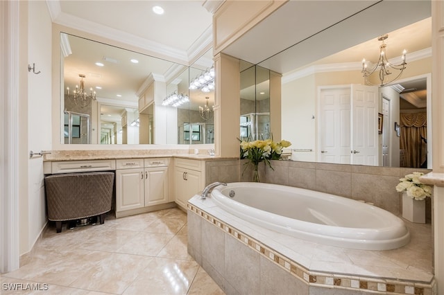 3412 Atlantic Cir, Naples, FL 34119 - full bath with a bath, crown molding, a shower stall, vanity, and a chandelier