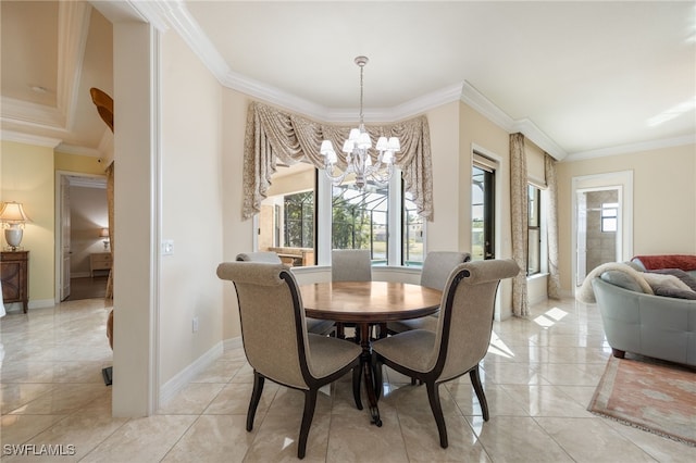 3412 Atlantic Cir, Naples, FL 34119 - dining room featuring an inviting chandelier, baseboards, crown molding, and light tile patterned floors