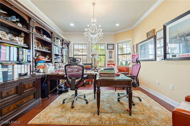 3412 Atlantic Cir, Naples, FL 34119 - office space featuring crown molding, baseboards, dark wood finished floors, and a notable chandelier