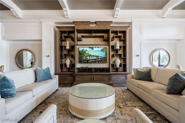 3412 Atlantic Cir, Naples, FL 34119 - living area with crown molding, beamed ceiling, and wood finished floors
