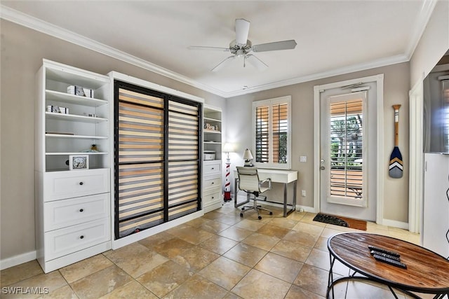 office space with crown molding, ceiling fan, and baseboards