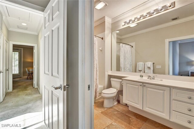 bathroom with crown molding, visible vents, toilet, and vanity