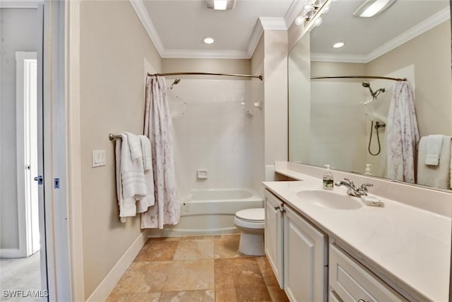 full bathroom featuring toilet, ornamental molding, shower / tub combo, and vanity