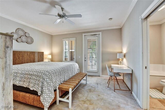 carpeted bedroom with crown molding, access to outside, baseboards, and a ceiling fan
