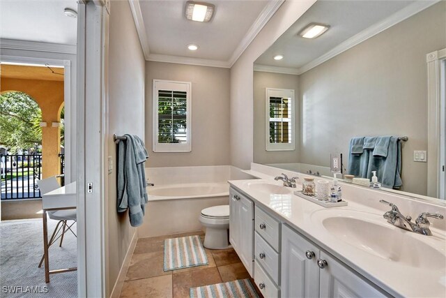 bathroom featuring a garden tub, a sink, double vanity, and ornamental molding
