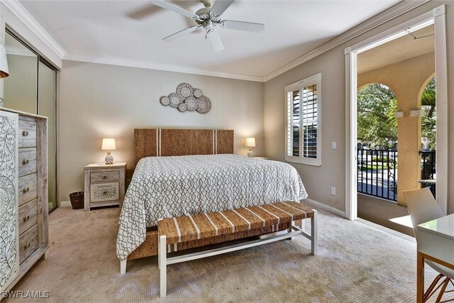 bedroom with crown molding, baseboards, access to outside, and light carpet