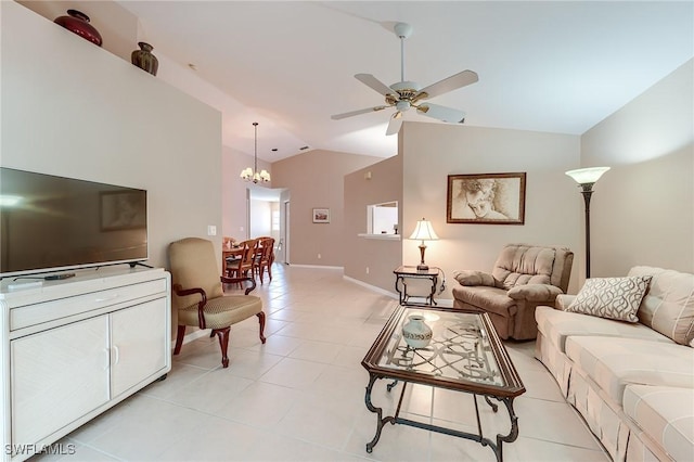 3775 Fieldstone Blvd Unit 104, Naples, FL 34109 - living room featuring baseboards, ceiling fan with notable chandelier, light tile patterned floors, and vaulted ceiling