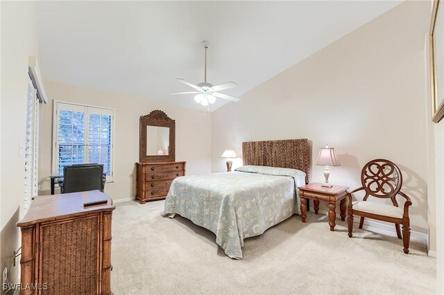 3775 Fieldstone Blvd Unit 104, Naples, FL 34109 - bedroom featuring baseboards, vaulted ceiling, light carpet, and ceiling fan