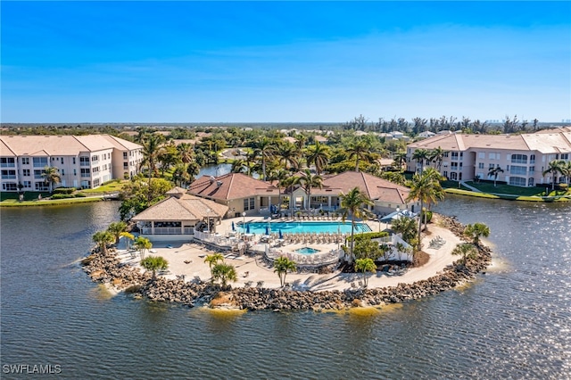 drone / aerial view featuring a water view
