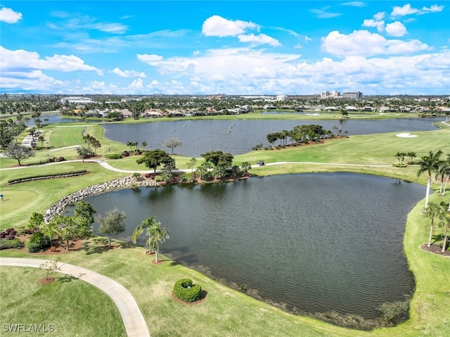 aerial view with a water view and golf course view