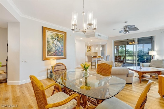 16400 Millstone Cir Unit 206, Fort Myers, FL 33908 - dining room featuring ornamental molding, baseboards, light wood-type flooring, a ceiling fan, and a chandelier